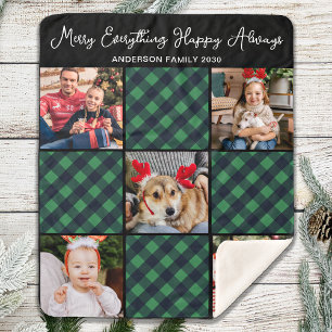 Holiday 5 Photo Collage Personalised Green Plaid  Sherpa Blanket