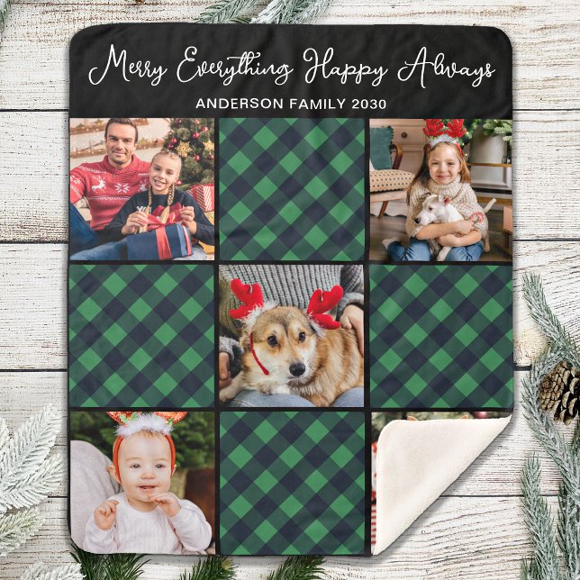 Holiday 5 Photo Collage Personalised Green Plaid  Sherpa Blanket (Creator Uploaded)