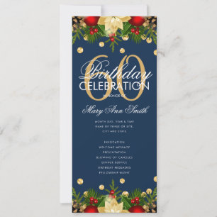 Holiday 60th Birthday Party Program Gold Navy Menu Invitation
