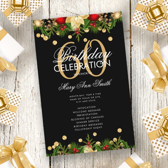 Holiday 60th Birthday Party Program Gold w/ Menu (Creator Uploaded)