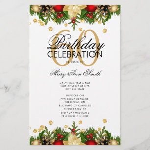 Holiday 60th Birthday Party Program Gold w/ Menu