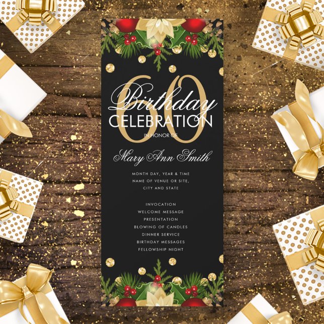 Holiday 60th Birthday Party Program Gold w/ Menu Invitation (Creator Uploaded)