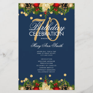 Holiday 70th Birthday Party Program Gold Navy Menu