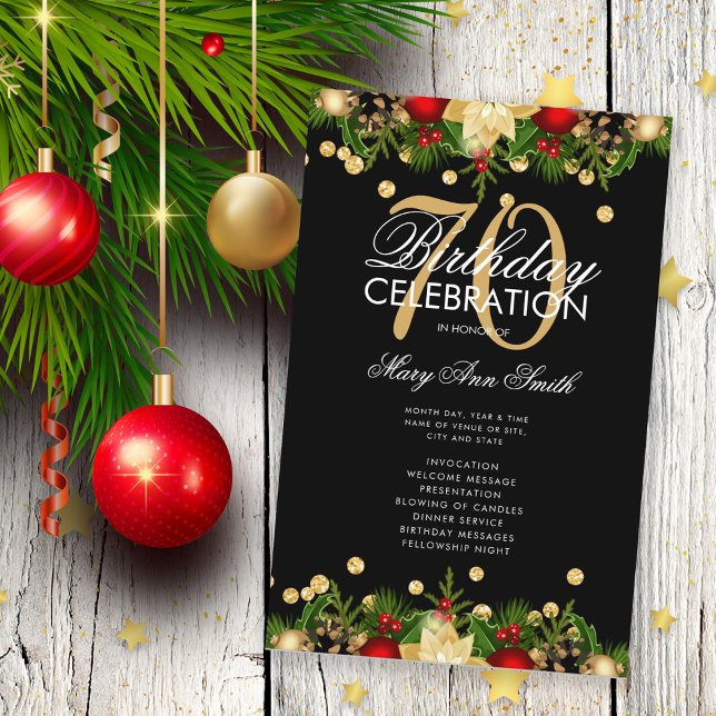 Holiday 70th Birthday Party Program Gold w/ Menu (Creator Uploaded)