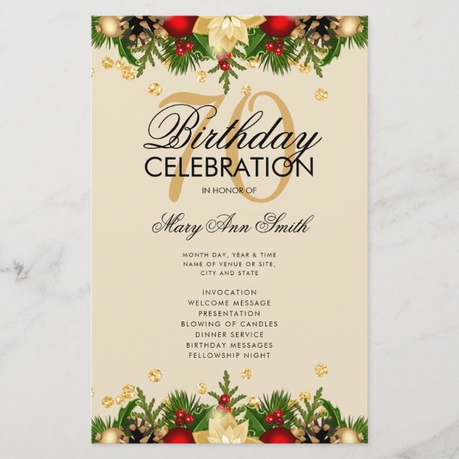 Holiday 70th Birthday Party Program Gold w/ Menu (Front)