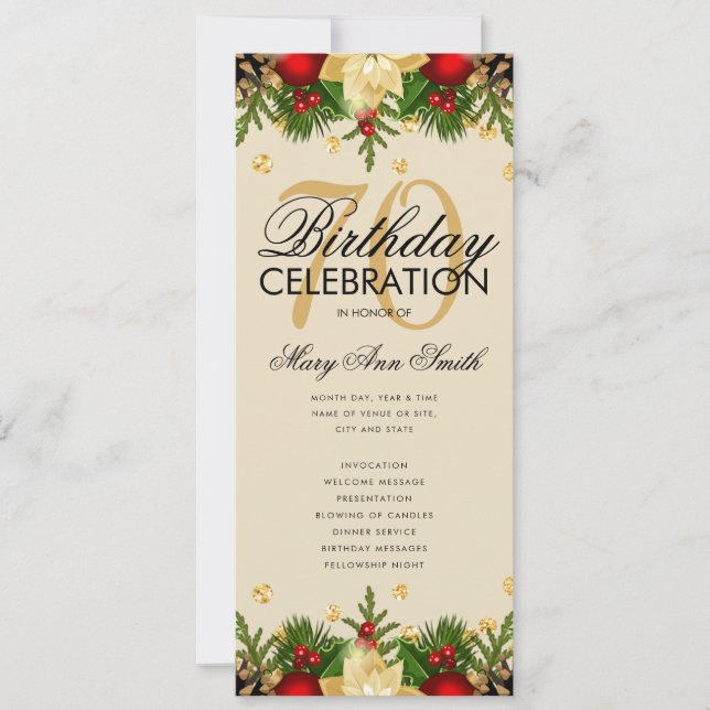 Holiday 70th Birthday Party Program Gold w/ Menu Invitation (Front)