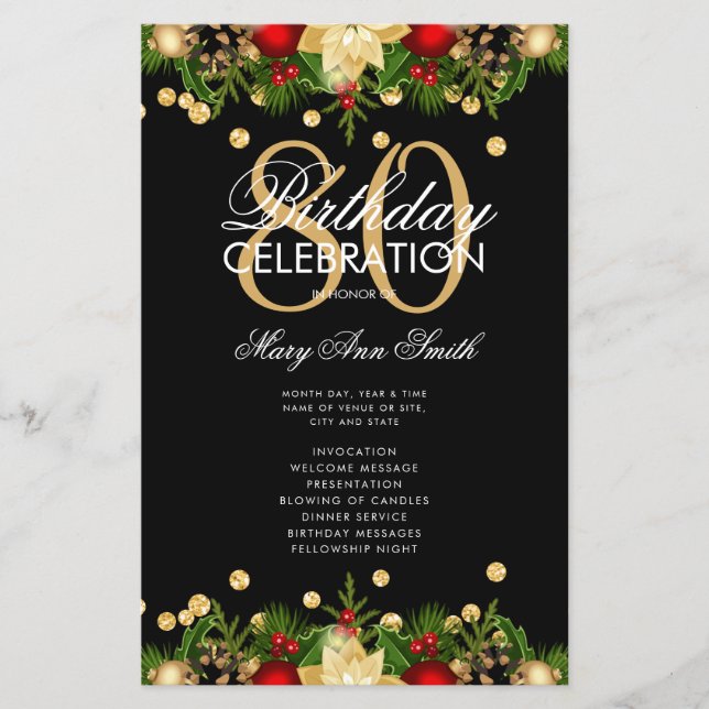 Holiday 80th Birthday Party Program Gold w/ Menu (Front)