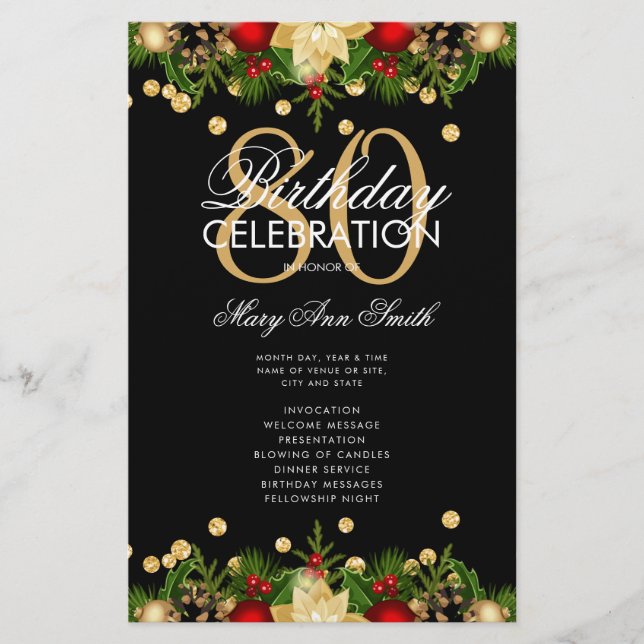 Holiday 80th Birthday Party Program Gold w/ Menu (Front)