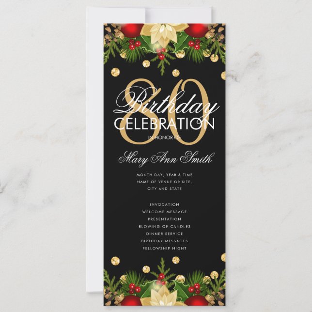 Holiday 80th Birthday Party Program Gold w/ Menu Invitation (Front)