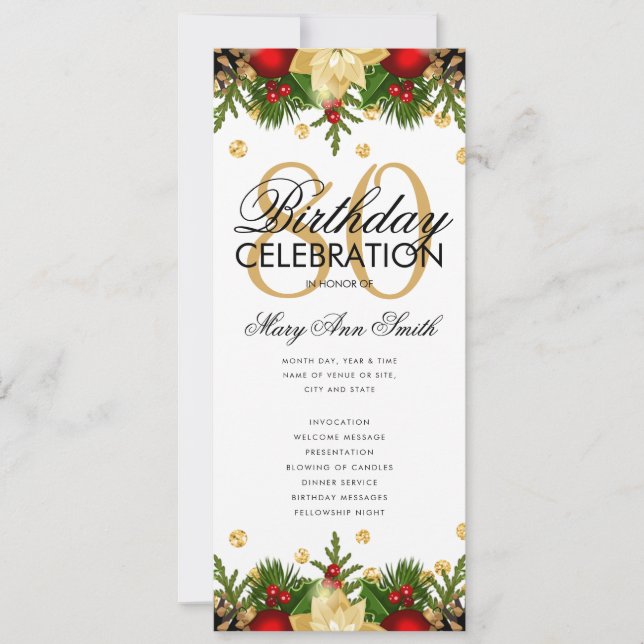 Holiday 80th Birthday Party Program Gold w/ Menu Invitation (Front)