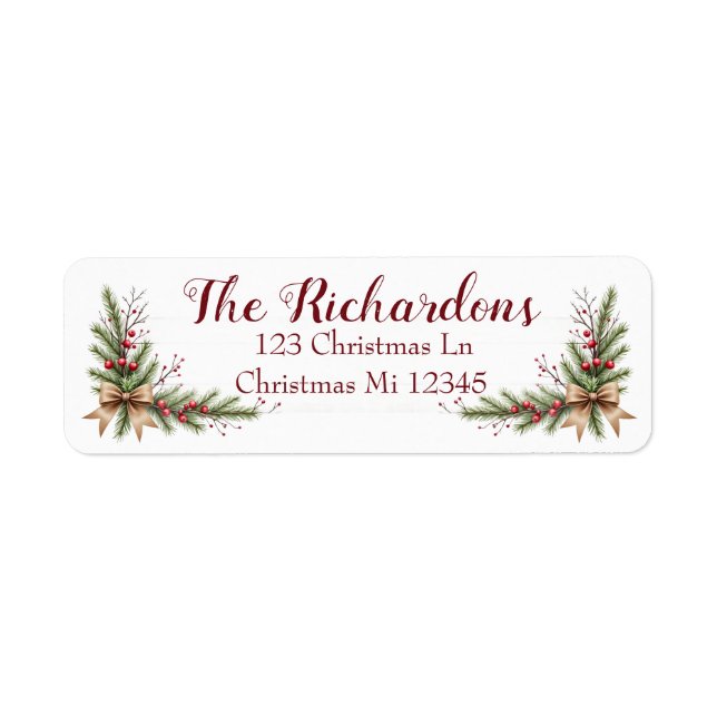 Holiday Address Label with Pine Branches and Bow (Front)