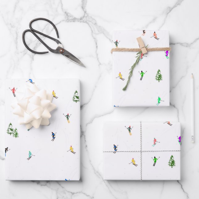 Holiday Alpine Skiers Skiing Illustration  Wrapping Paper Sheet (Front)