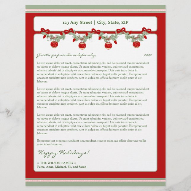 Holiday Annual Newsletter Letterhead: ornaments_2 Personalized Letterhead (Front)