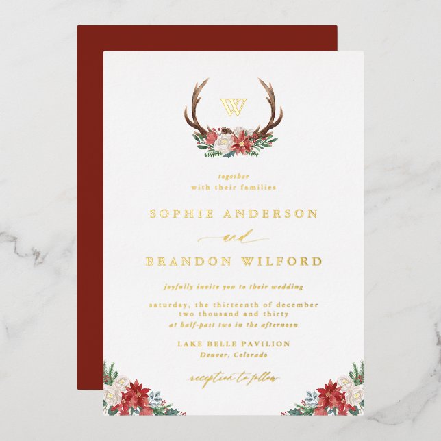 Holiday Antler Wreath Monogram Winter Wedding (Front/Back)