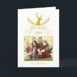 Holiday Antlers | Holiday Photo Greeting Card<br><div class="desc">Gold glitter (printed photo effect) makes this unique rustic holiday photo greeting card sparkle. Contemporary design with a laurel wreath and classic deer head with antlers. A banner with the words "Happy Holidays" "2014" and a frame for your cherished holiday photo. Elke Clarke© Other colours and styles available in our...</div>
