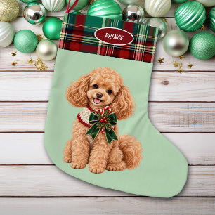 Holiday Apricot Poodle Dog Plaid Border Large Christmas Stocking
