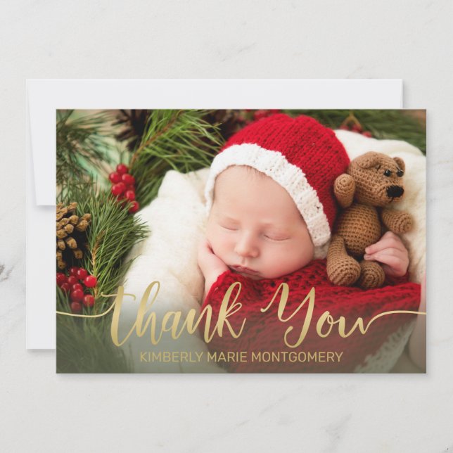 Holiday Baby Birth Gold Script Typography Red Announcement (Front)