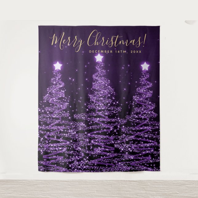 Holiday Backdrop Gold Purple Merry Christmas Trees Tapestry (Front)