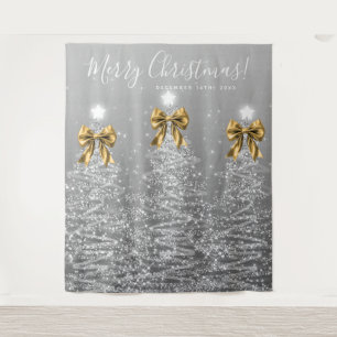 Holiday Backdrop Silver Christmas Trees Gold Bows Tapestry