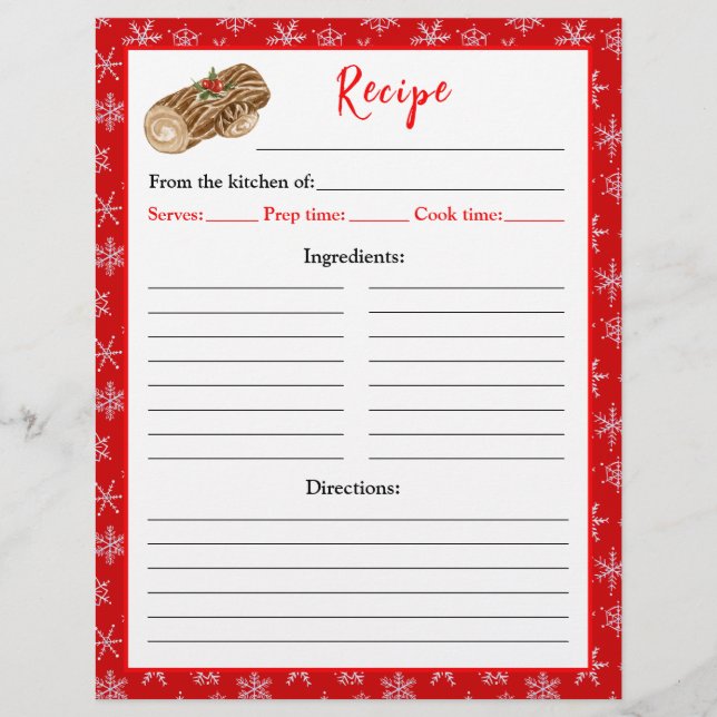 Holiday Baking Christmas Yule Log Recipe Page (Front)