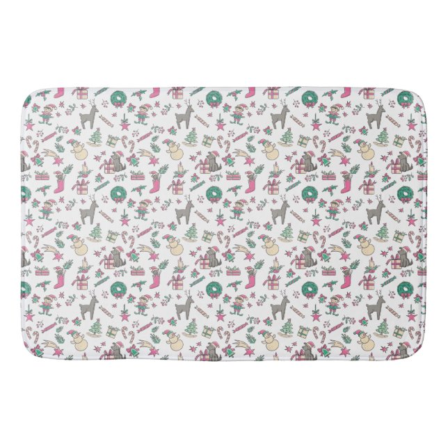 Holiday Bathroom Decor Hand Drawn Doodle Christmas Bath Mat (Front)