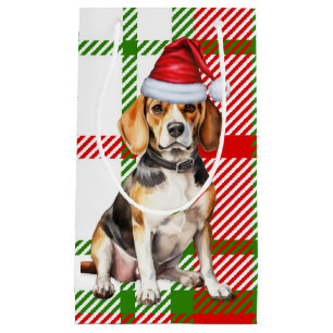 Holiday Beagle Dog and Plaid Christmas Small Gift Bag