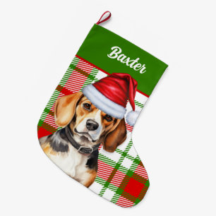 Holiday Beagle Red Green Plaid with Dog's Name Large Christmas Stocking