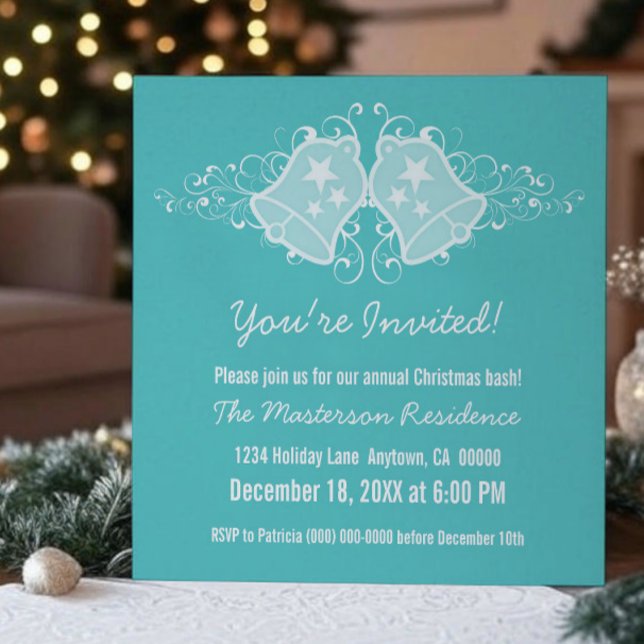Holiday Bells and Swirls Invite, Aqua Invitation (Aqua Holiday Bells and Swirls Christmas Party Invitation)