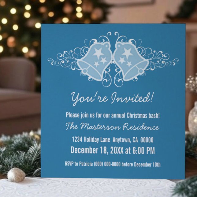 Holiday Bells and Swirls Invite, Blue Invitation (Blue Holiday Bells and Swirls Christmas Party Invitation)