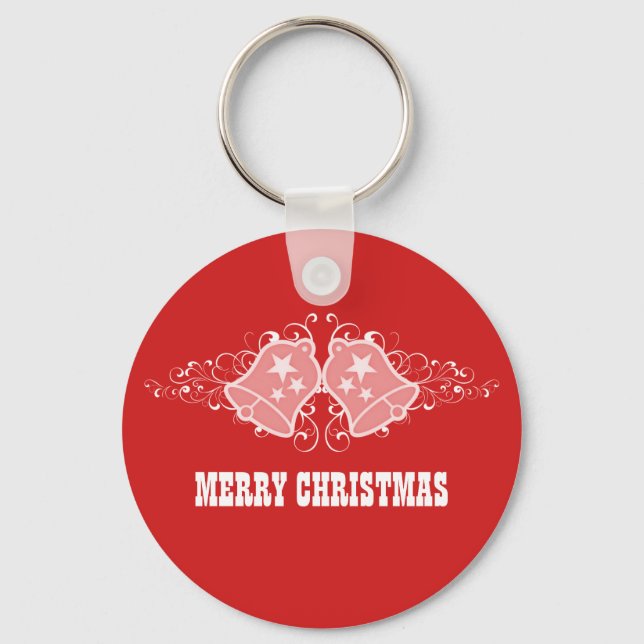 Holiday Bells and Swirls Keychain, Red Key Ring (Front)