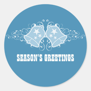 Holiday Bells and Swirls Stickers, Blue Classic Round Sticker