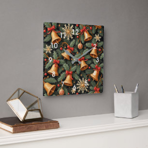 Holiday Bells, Decorative Christmas Pattern, Square Wall Clock