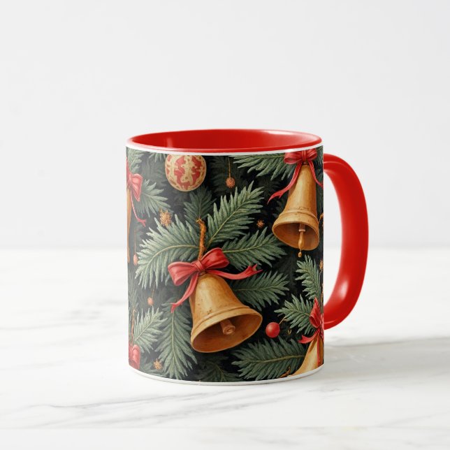 Holiday Bells, decorative pattern, red trim, Mug (Front Right)