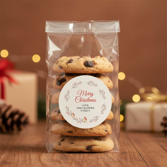 Holiday Berry Branch Christmas Classic Round Sticker (Elegant Merry Christmas Classic Round Sticker)