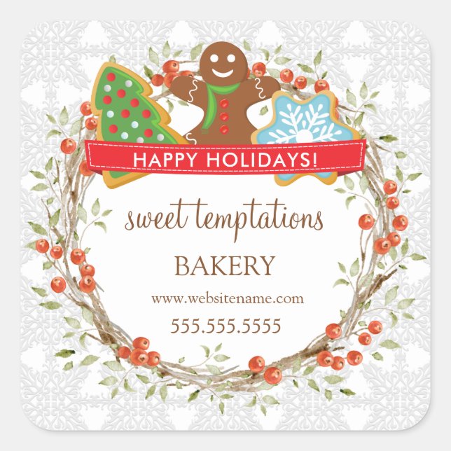 Holiday Berry Wreath Christmas Cookie Square Stick Sticker (Front)
