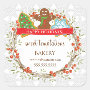 Holiday Berry Wreath Christmas Cookie Square Stick Sticker