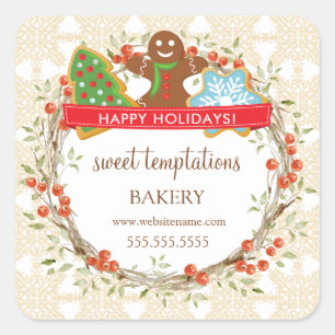 Holiday Berry Wreath Christmas Cookie Square Sticker