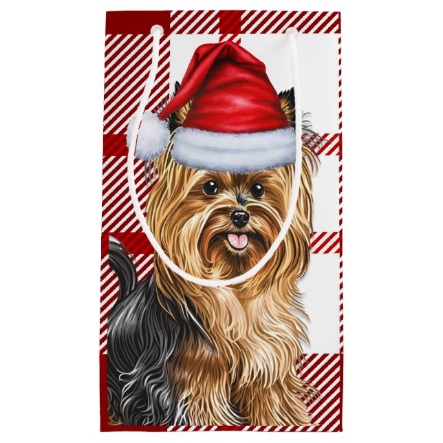 Holiday Biewer Terrier Dog Red Plaid Christmas Small Gift Bag (Front)