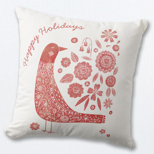 Holiday Bird Scandinavian Red White Throw Pillow