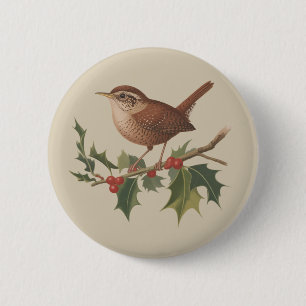 Holiday Bird Wren on Holly Branch Christmas Nature 6 Cm Round Badge