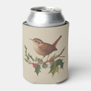 Holiday Bird Wren on Holly Branch Christmas Nature Can Cooler