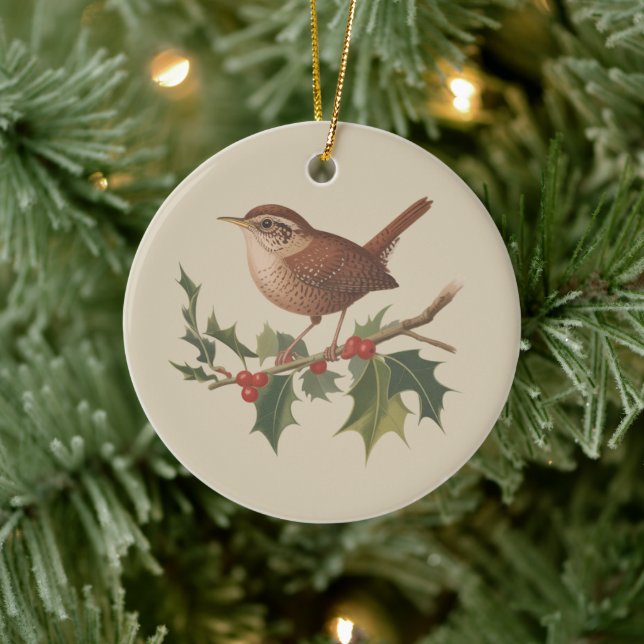Holiday Bird Wren on Holly Branch Christmas Nature Ceramic Tree Decoration (Tree)