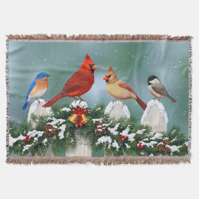 Holiday Birds & Christmas Garland Throw Blanket (Front)