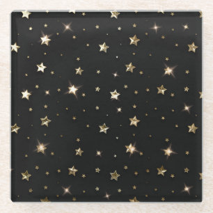 Holiday Black and Gold Faux Metal Christmas Stars Glass Coaster