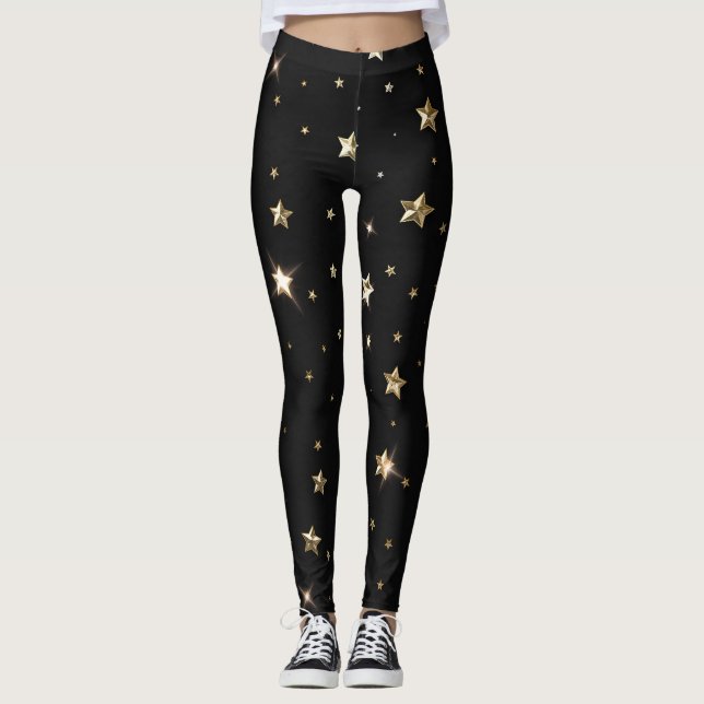Holiday Black and Gold Faux Metal Christmas Stars Leggings (Front)