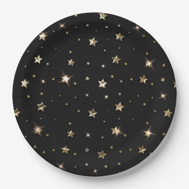 Holiday Black and Gold Faux Metal Christmas Stars Paper Plate (Front)