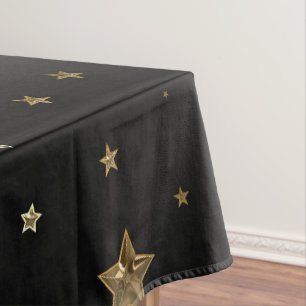 Holiday Black and Gold Faux Metal Christmas Stars Tablecloth