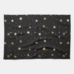 Holiday Black and Gold Faux Metal Christmas Stars Tea Towel