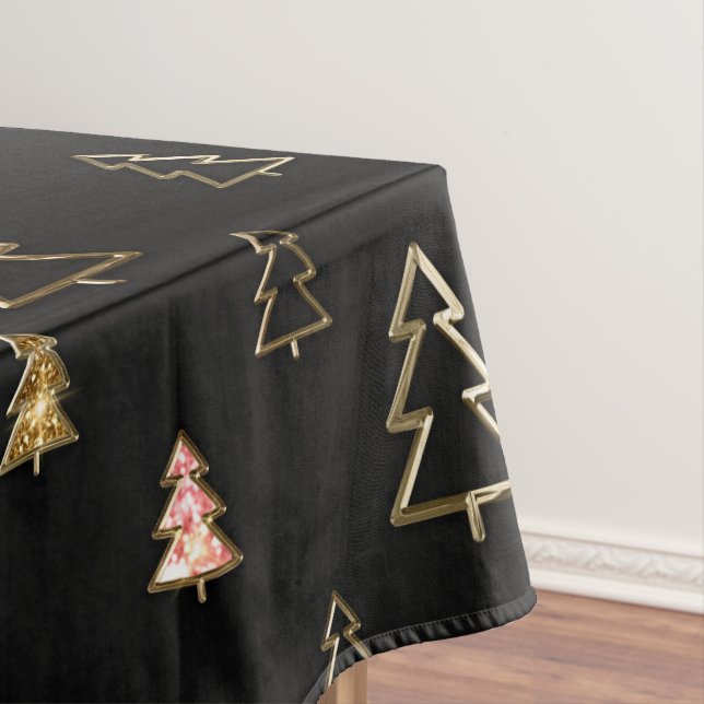 Holiday Black and Gold Faux Metal Christmas Trees Tablecloth (In Situ)