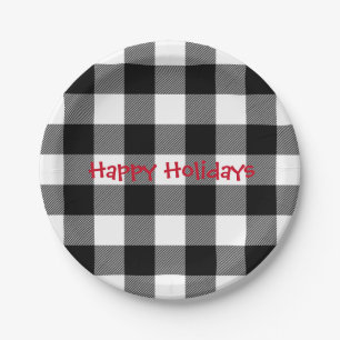 Holiday black and white buffalo plaid paper plate